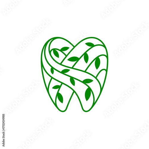 Green tooth with leaf for dental care logo template