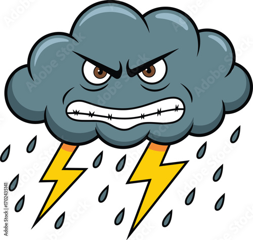 Angry storm cloud, cartoon thunderstorm, vector weather icon, lightning and rain, grumpy design, fierce face, clipart, stock image, emotion, sky