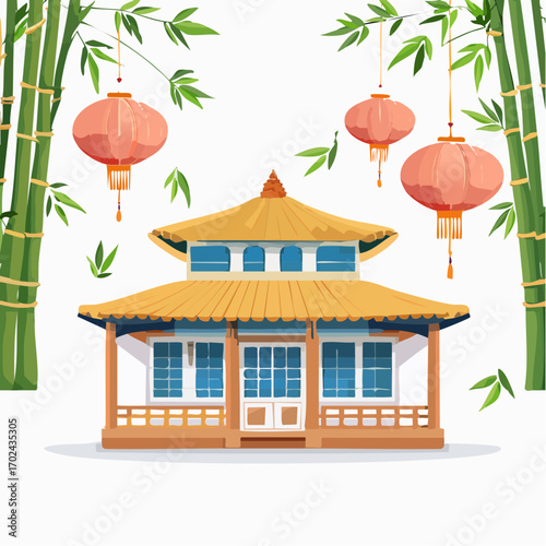 Traditional Asian Pavilion with Hanging Lanterns and Bamboo Grove Illustration