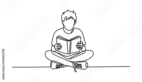 Minimalist single line drawing of a young person sitting cross legged reading a book