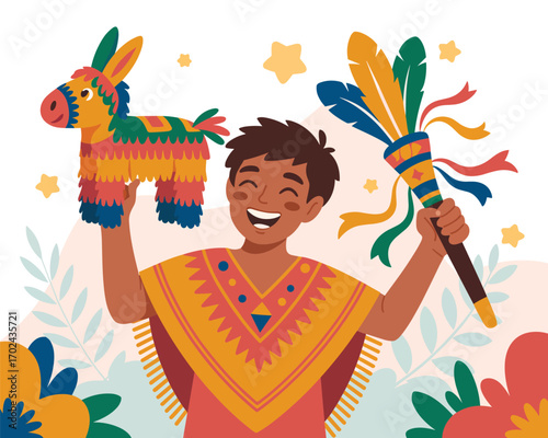 Joyful Celebration A Flat Vector Illustration Featuring a Child and a Piñata