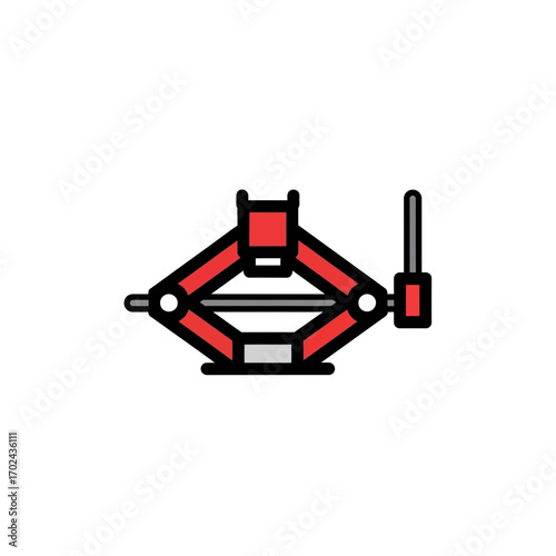 Red vehicle jack lifts upwards on white background maintenance