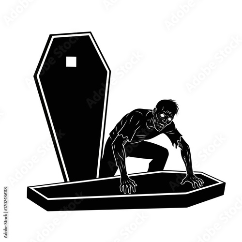 Zombie emerging from coffin silhouette isolated on white background