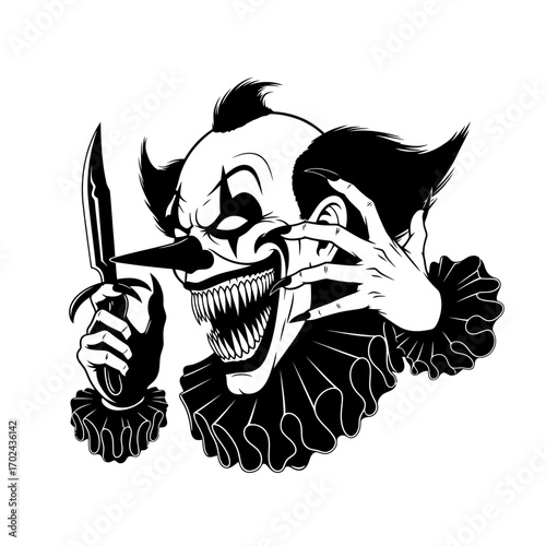 Scary evil clown holding a knife silhouette isolated on white background