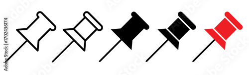 Collection of push pin icons in red, black, and outline style, simple vector illustration for notes, reminders, office stationery, or map markers.