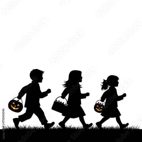 Three children trick or treating in silhouette isolated on white background