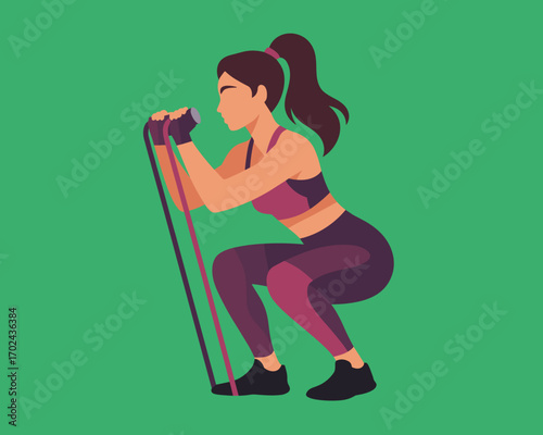 Fitness enthusiast performing squats with resistance bands, a workout illustration
