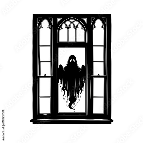Ghost appearing in a gothic window silhouette isolated on white background
