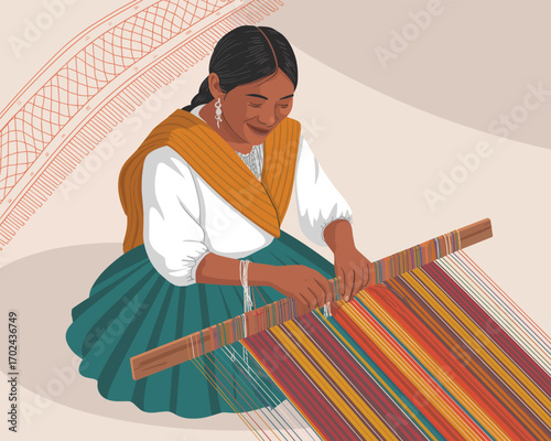 Indigenous woman weaving colorful textiles on a traditional loom