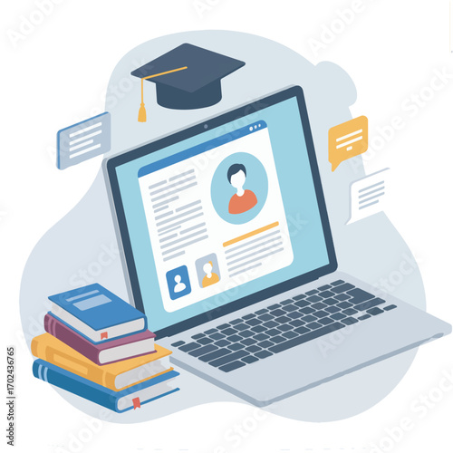 E-learning concept for online education and distance learning with a laptop, student profile, books, and graduation cap for virtual academic success