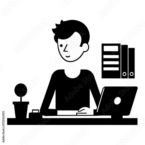 Focused Work at Desk: A professional works diligently at a modern desk setup with a laptop, plant, and a clean, minimalist aesthetic in a black and white graphic. 