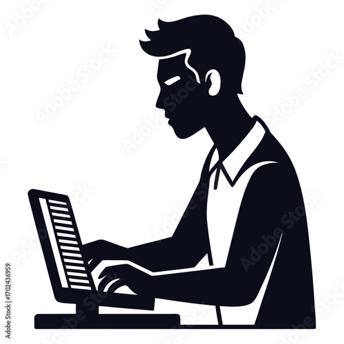 The Digital Craftsman: A sleek silhouette of a man engrossed in his work on a laptop, a modern digital artist in action, crafting something of his own and a testament to the power of creation