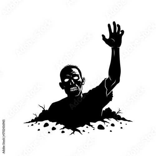 Zombie rising from the ground silhouette isolated on white background