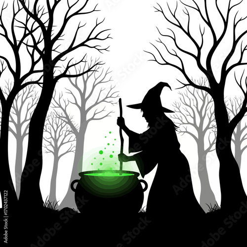 Witch stirring green potion in cauldron silhouette isolated on white background