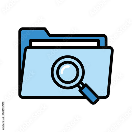 Blue folder analyzes data using magnifying glass icon