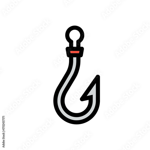 Steel fishhook suspends ready on blank background graphic