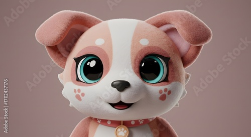 Cute cartoon dog character with big eyes and friendly expression  