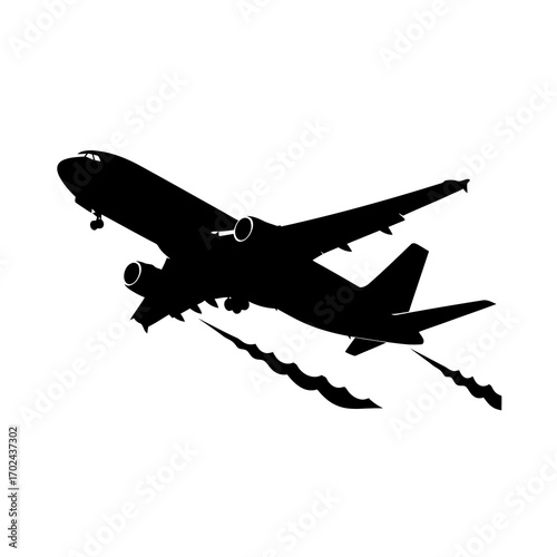 Airplane taking off in silhouette isolated on white background