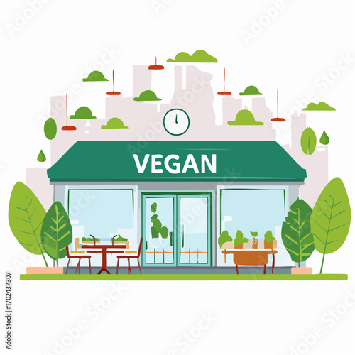 Colorful Illustration of a Vegan Restaurant with Outdoor Seating and Plants