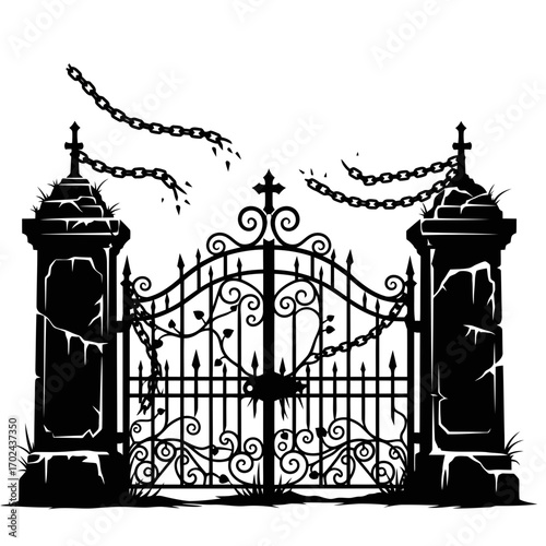 Ornate cemetery gate with broken chains silhouette isolated on white background