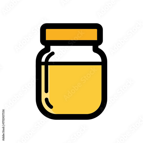 Glass jar holds liquid displaying golden color on white