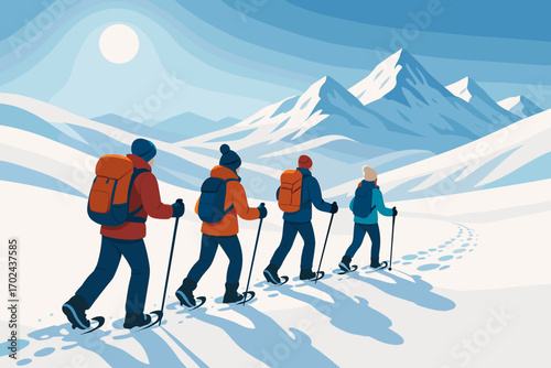 Group of Hikers Snowshoeing Through Snowy Mountain Landscape on a Sunny Winter Day