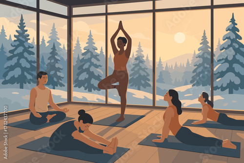 Group yoga session in cozy studio with panoramic winter forest view at sunrise