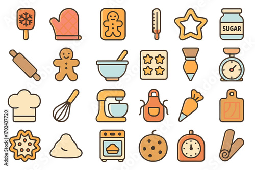 Baking and kitchen icon set with holiday cookies, utensils, ingredients, and baking tools in warm festive colors