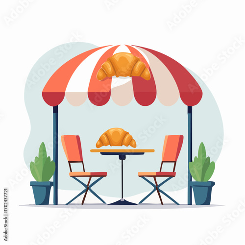 Charming Outdoor Cafe Scene Featuring Croissants Table Chairs and Awning