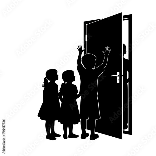 Children reaching for open door silhouette isolated on white background