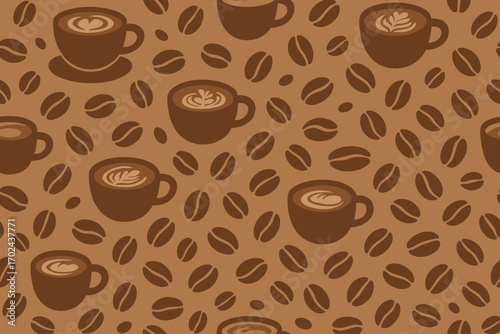 Seamless coffee pattern with cappuccino cups and coffee beans in warm brown tones