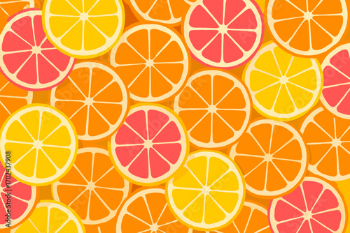 Seamless pattern of citrus fruit slices including orange, lemon, and grapefruit in bright summer colors