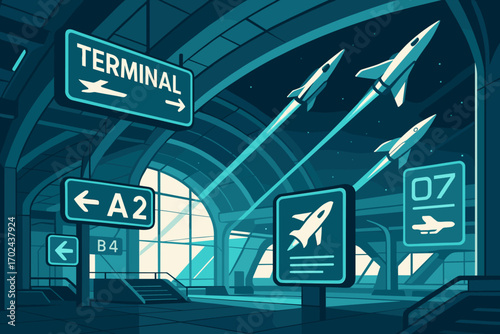 Futuristic spaceport terminal with rocket ships launching into space and glowing departure signs