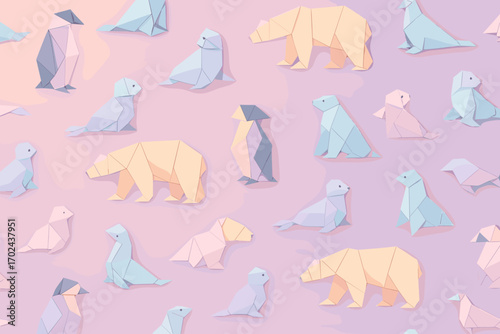 Seamless pastel origami arctic animals pattern with polar bears, seals, and penguins on pink background