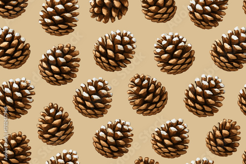 Seamless pattern of pinecones with snowy tips on beige background in hand-painted style