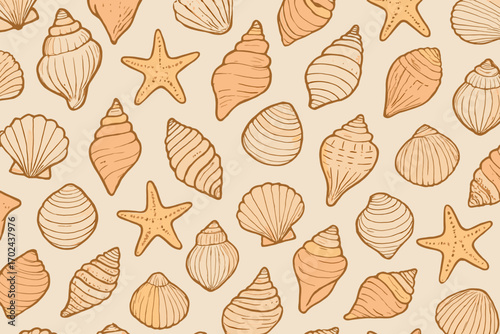 Seamless hand-drawn seashell and starfish pattern in soft pastel tones on beige background