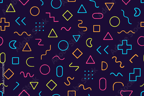 Seamless retro 80s Memphis pattern with colorful geometric shapes on dark background