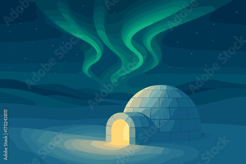Cozy igloo in snowy landscape under starry night sky with glowing northern lights, peaceful winter scene illustration