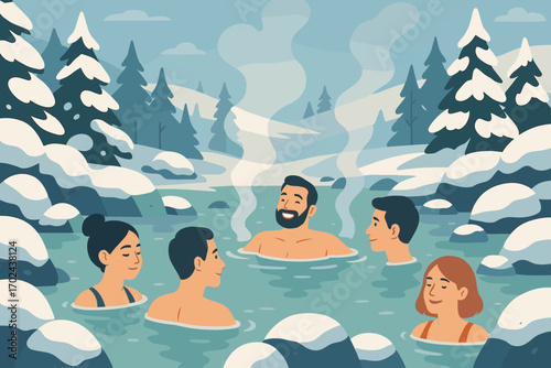 Winter illustration of people relaxing in a hot spring surrounded by snowy mountains and pine trees