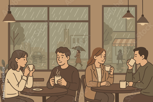 Cozy coffee shop illustration with people enjoying hot drinks inside while it rains outside through large windows