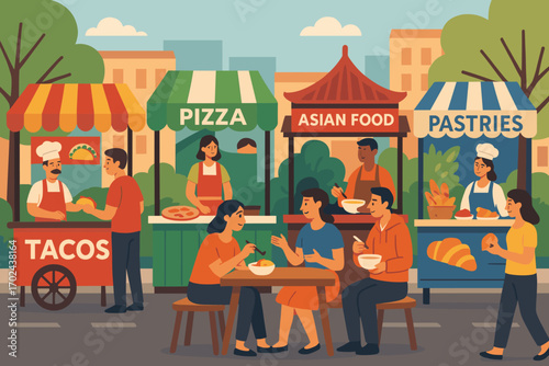 Colorful street food market illustration with diverse food stalls serving tacos, pizza, Asian cuisine, and pastries in an outdoor city setting