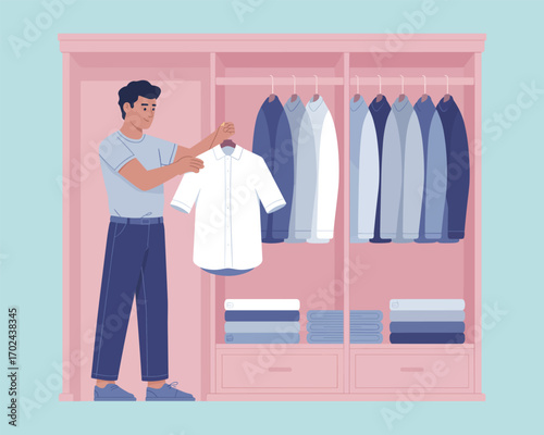 Man Choosing Shirt from Closet Organizing Clothes, Daily Outfit Selection, Style