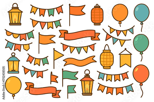 Colorful seamless pattern with festive decorations including balloons, flags, banners, paper lanterns, and string garlands on a warm background