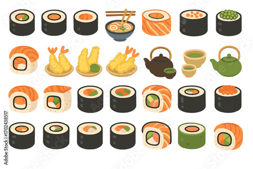 Japanese Cuisine Icons Set Featuring Sushi Rolls, Tempura, Ramen, and Traditional Tea Elements on Gradient Background