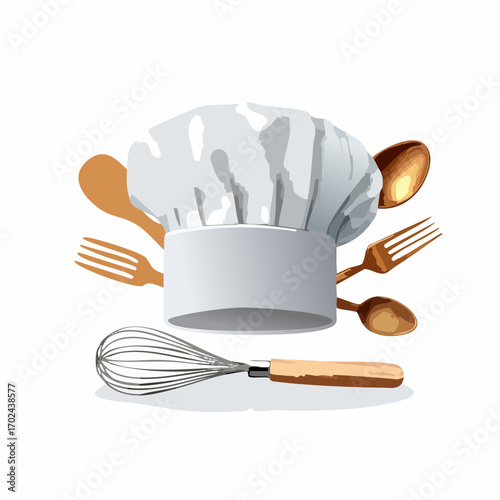 Chefs Hat with Wooden Utensils and Whisk Illustration