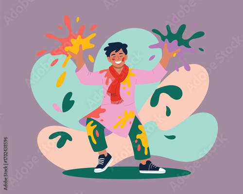 Joyful man celebrating Holi with vibrant paint splashes. A modern flat vector illustration of festive revelry and cultural celebration