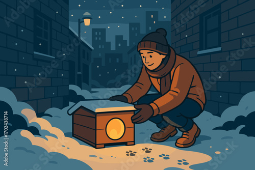 Illustration of Kind Person Setting Up Heated Shelter for Stray Animals on a Snowy Winter Night in the City