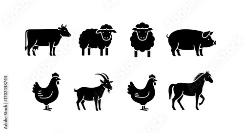 Farm Animals Silhouette Icons Cow, Sheep, Pig, Chicken, Horse
