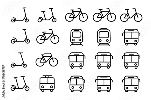 Sustainable transport icons with scooters, bicycles, trams and buses, eco friendly urban mobility illustration on dark background for smart city and green commuting concepts