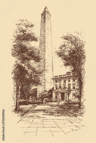Washington Monument, Washington illustration in a vintage style. This vector illustration can be used in any size you like for advertising, logos, and other work.